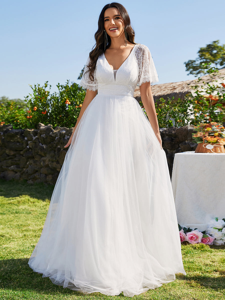 A line V Neck Lace Wedding Dresses With Embroidery Online Fashion Shopping