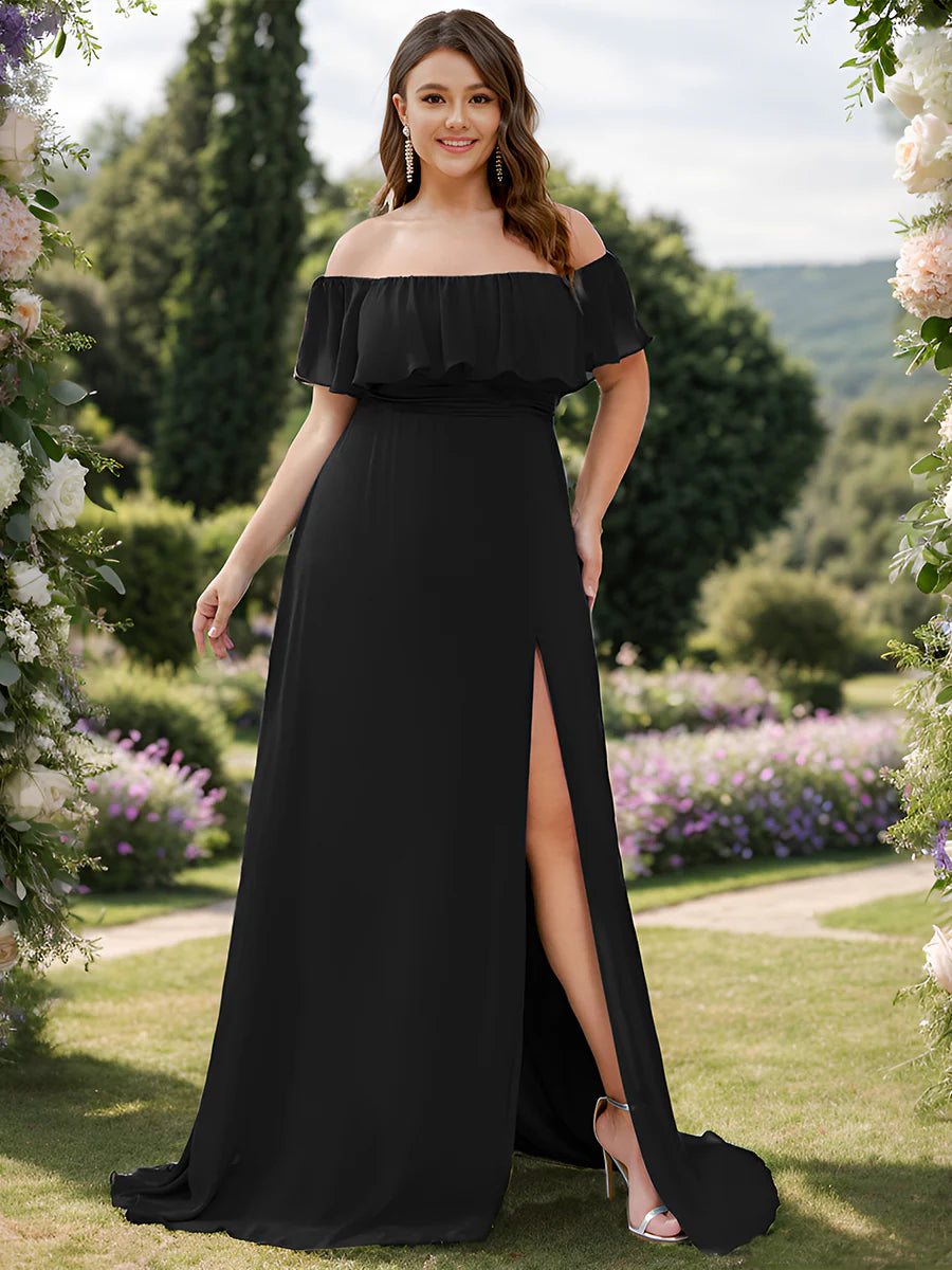 Women's Plus Size Ruffle Thigh Split Bridesmaid Dresses