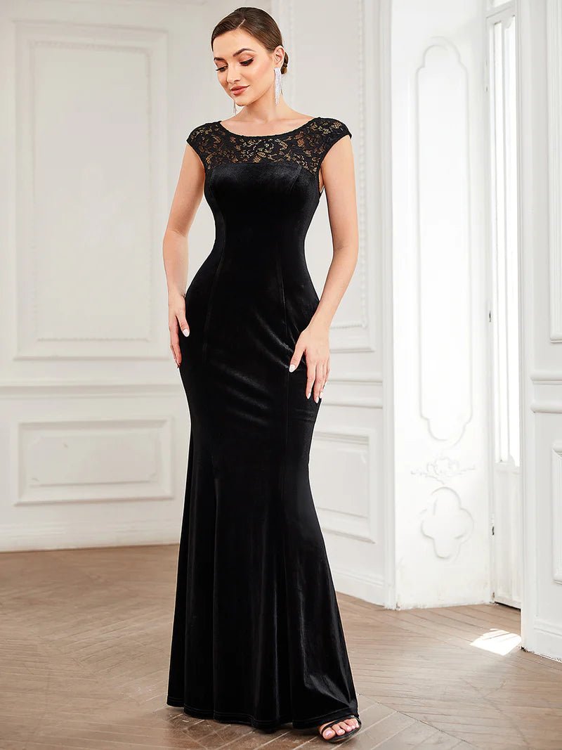 Cap Sleeve Lace High Neck Evening Dress