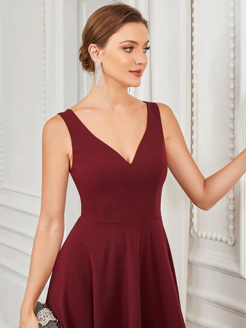 Deep V Neck Sleeveless Evening Dresses with Asymmetrical Hem