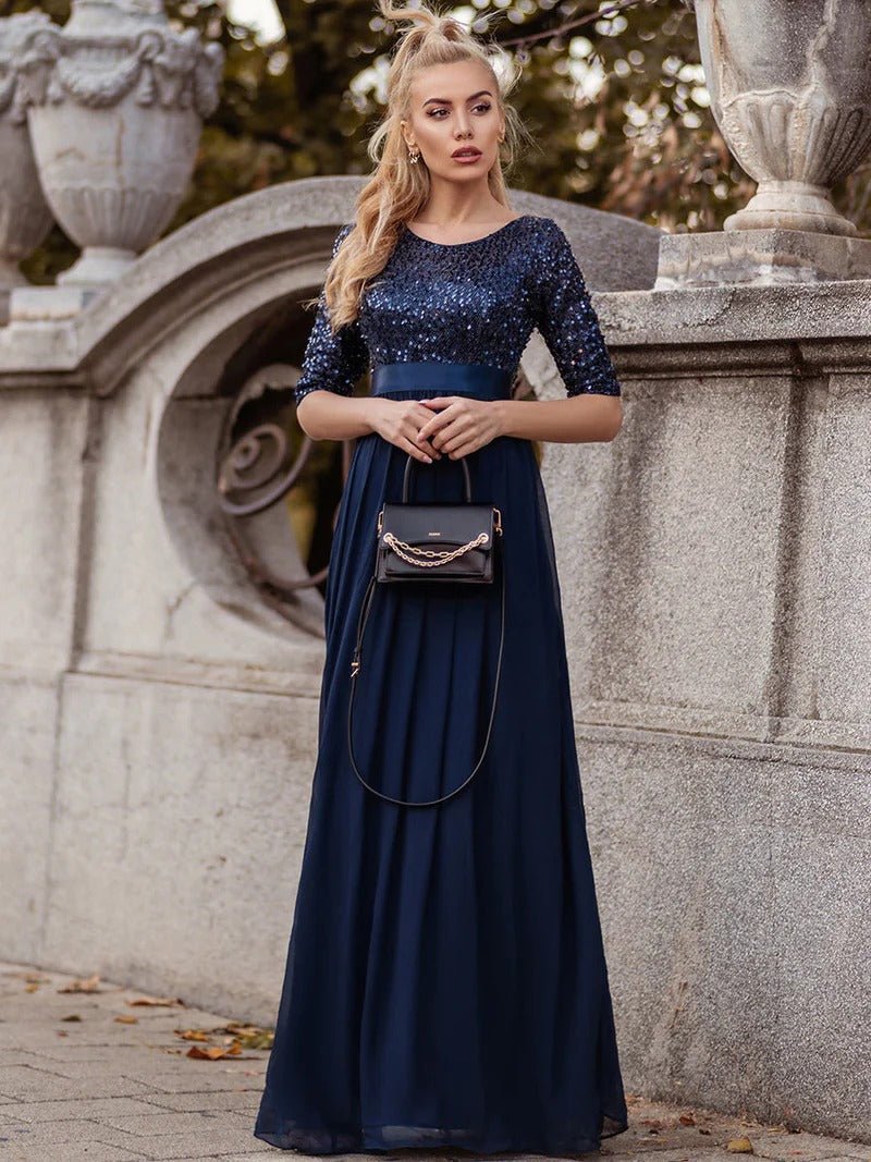 Elegant Round Neckline Sequins Patchwork Evening Dress