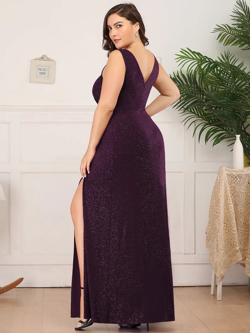 Floor Length V Neck Shimmery Plus Size Evening Dresses Online