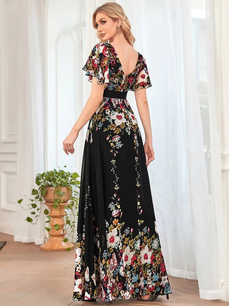 Floral Print V Neck Butterfly Sleeve Evening Dress