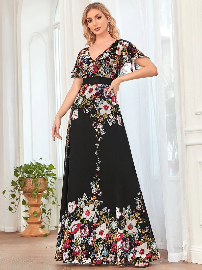 Floral Print V Neck Butterfly Sleeve Evening Dress