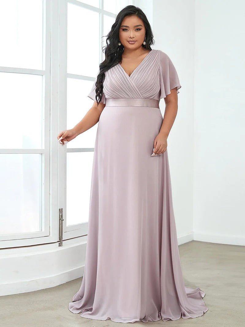 Glamorous Double V Neck Ruffles Padded Plus Size Evening Dresses