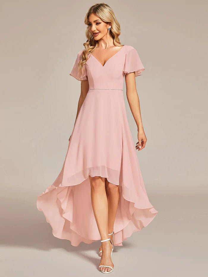 High Low Short Sleeve Chiffon Formal Dresses