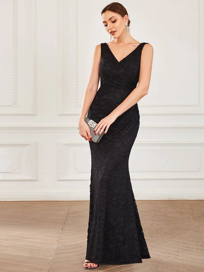 Lace V Neck Fitted Evening Dress CALABRO Online Fashion