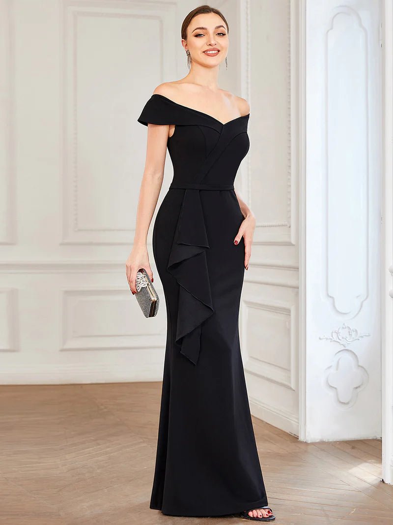 Off Shoulder Fitted Ruffle Evening Dress CALABRO Online