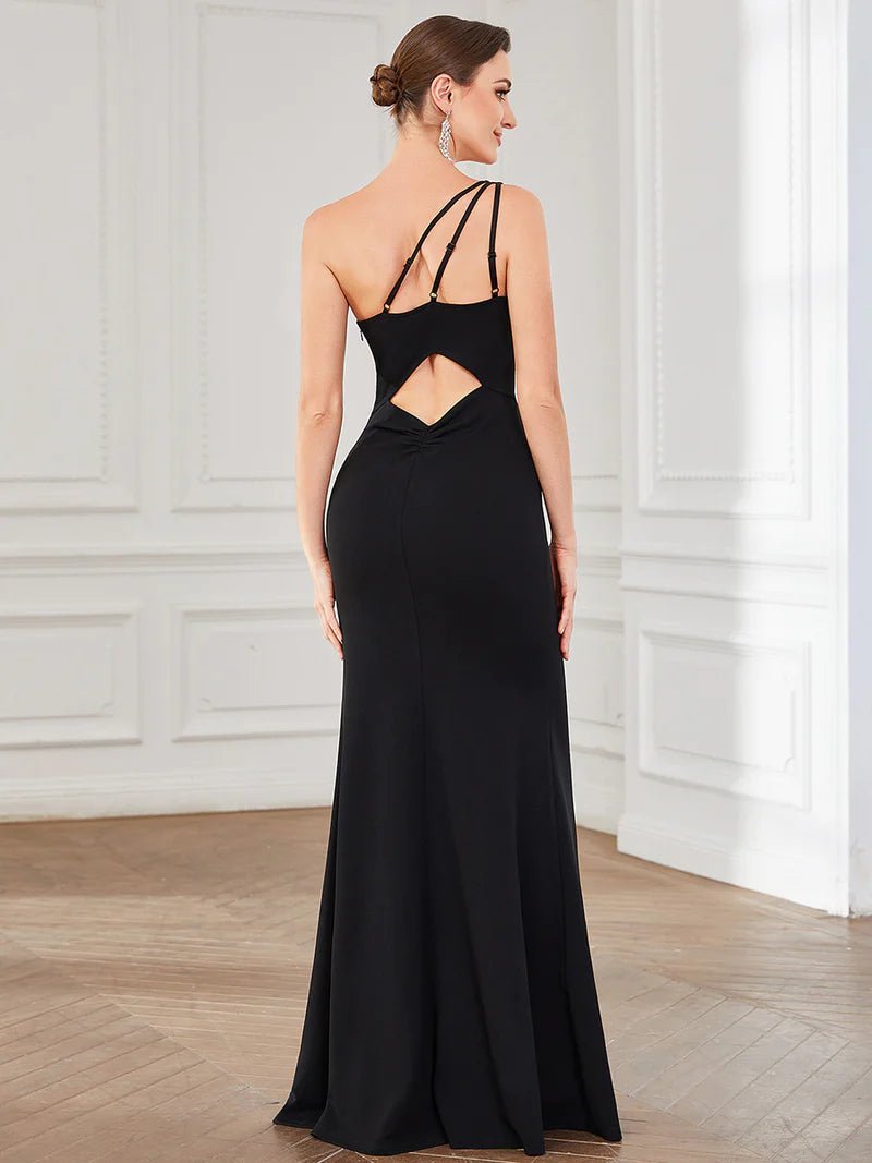 One Shoulder Thigh Slit Fitted Evening Dress Online Fashion