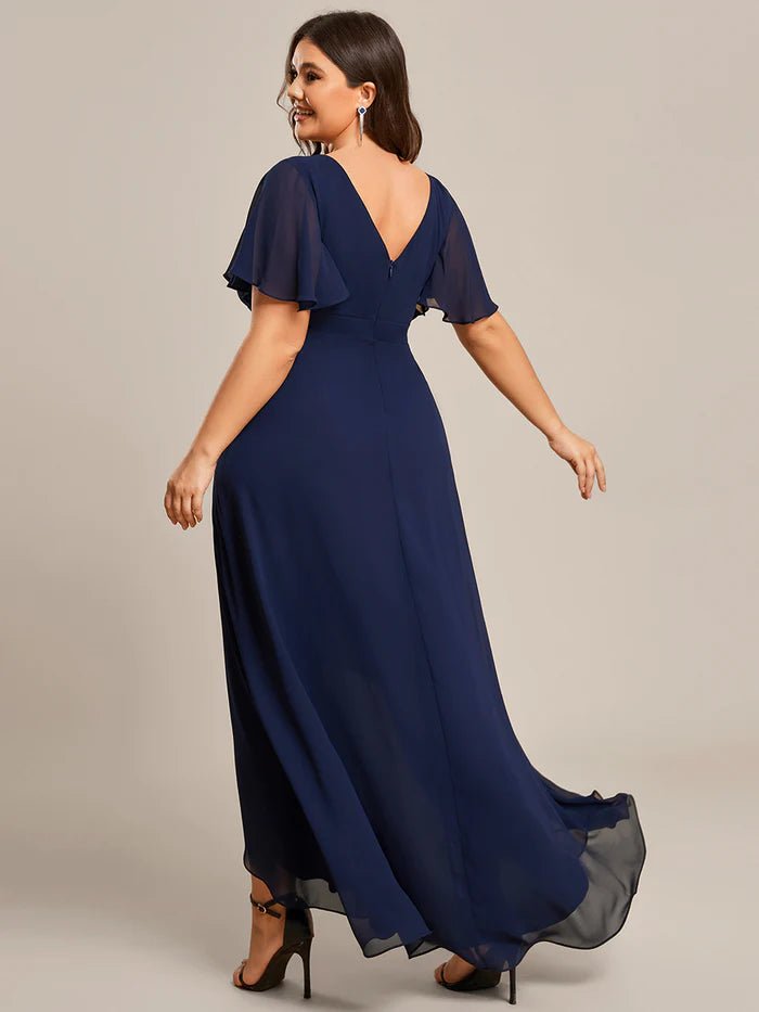 V Neck High Low Ruffles Chiffon Plus Size Evening Dress Online