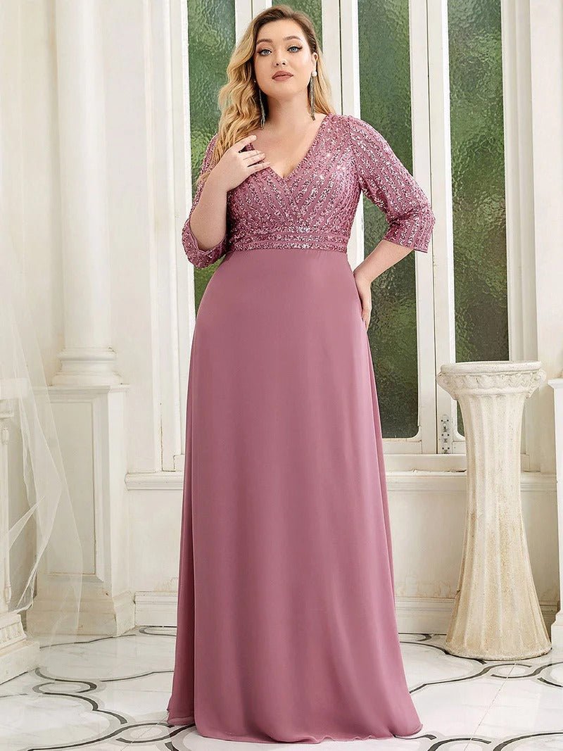 Sexy V Neck Pretty A Line Sequin Bridesmaid Dresses With 3 4