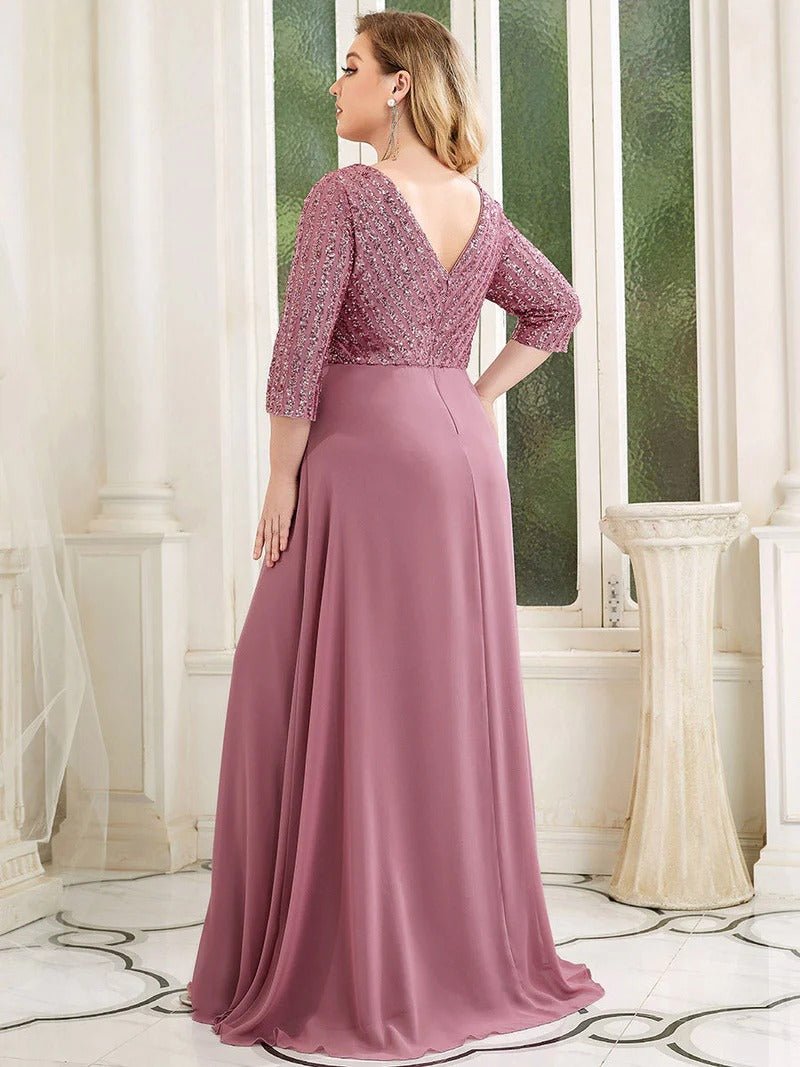 Sexy V Neck Pretty A Line Sequin Bridesmaid Dresses With 3 4