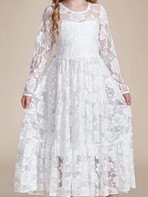 Pure Lace Long-Sleeve Round Neckline Flower Girl Dress