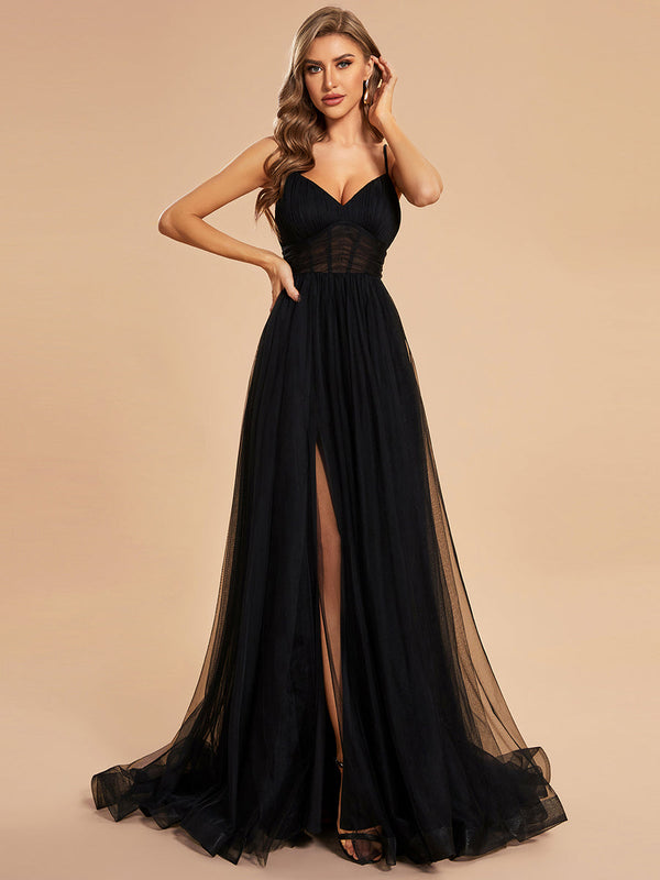 See Through Spaghetti Strap High Split Tulle  Evening Dress