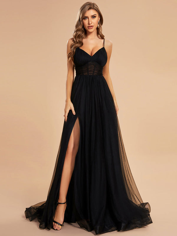 See Through Spaghetti Strap High Split Tulle  Evening Dress