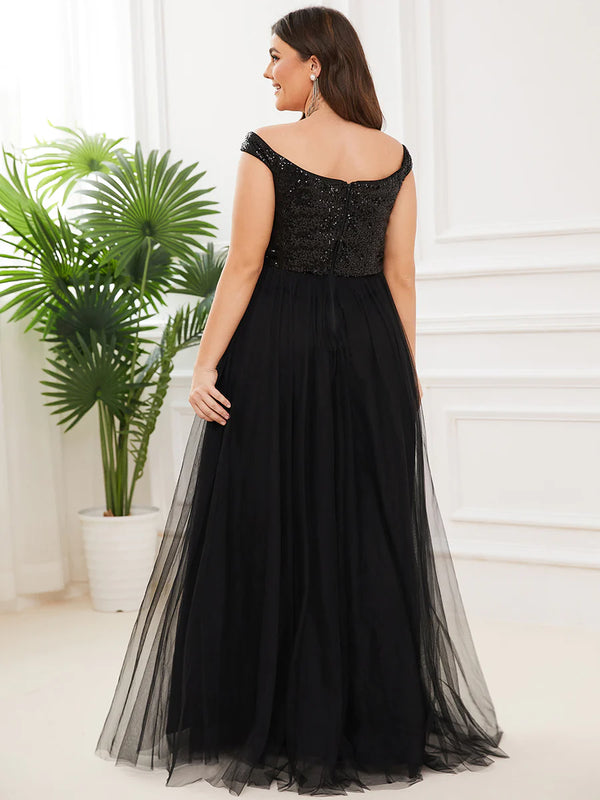 Plus Size High Waist Tulle & Sequin Sleeveless Evening Dress