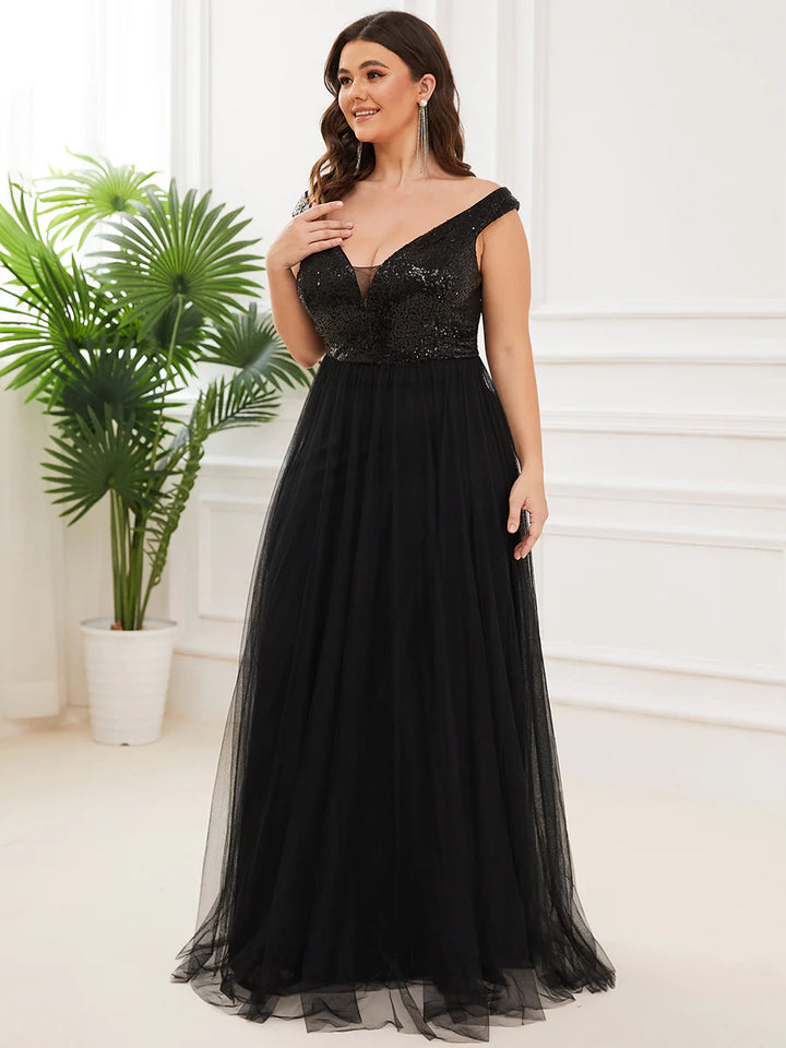 Plus Size High Waist Tulle & Sequin Sleeveless Evening Dress - CALABRO®