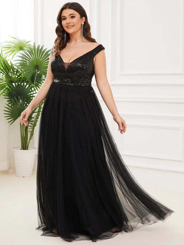 Plus Size High Waist Tulle & Sequin Sleeveless Evening Dress