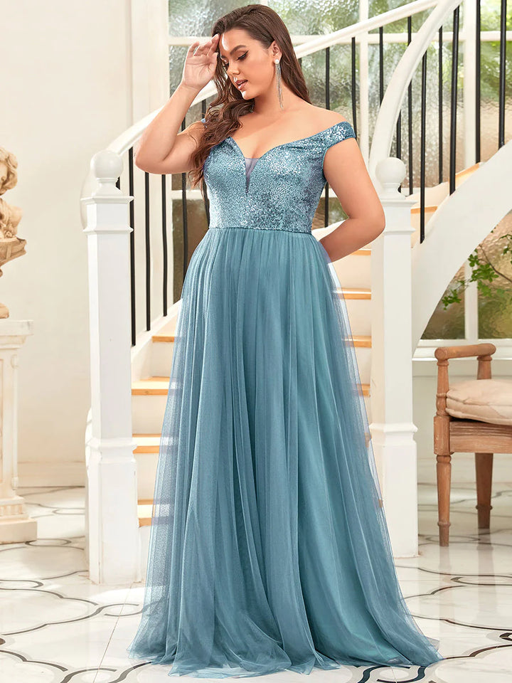 Plus Size High Waist Tulle & Sequin Sleeveless Evening Dress - CALABRO®