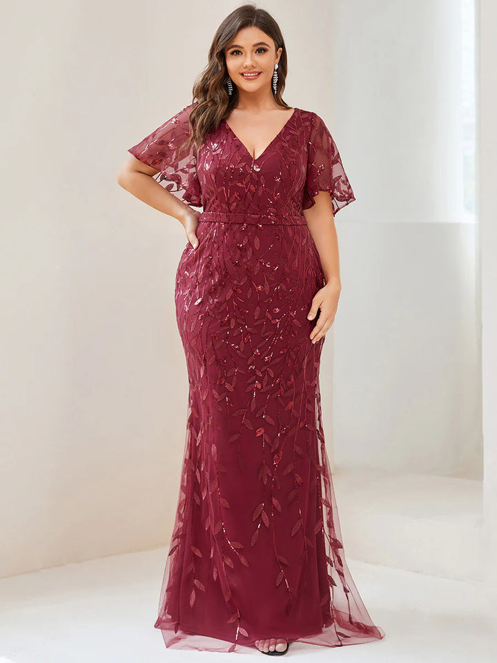 Fashion Plus Size Deep V Neck Sequin & Tulle Evening Dress