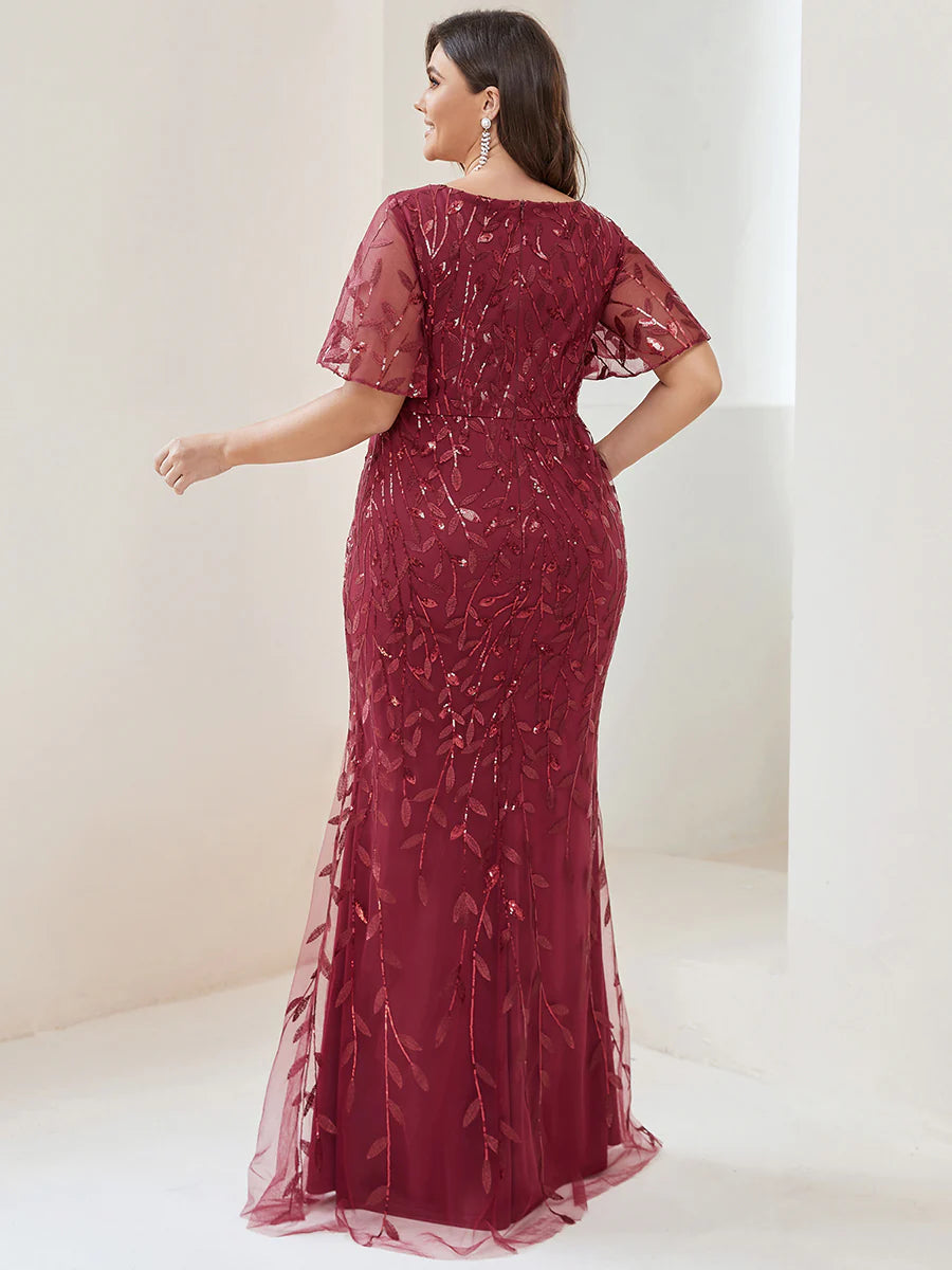 Fashion Plus Size Deep V Neck Sequin & Tulle Evening Dress