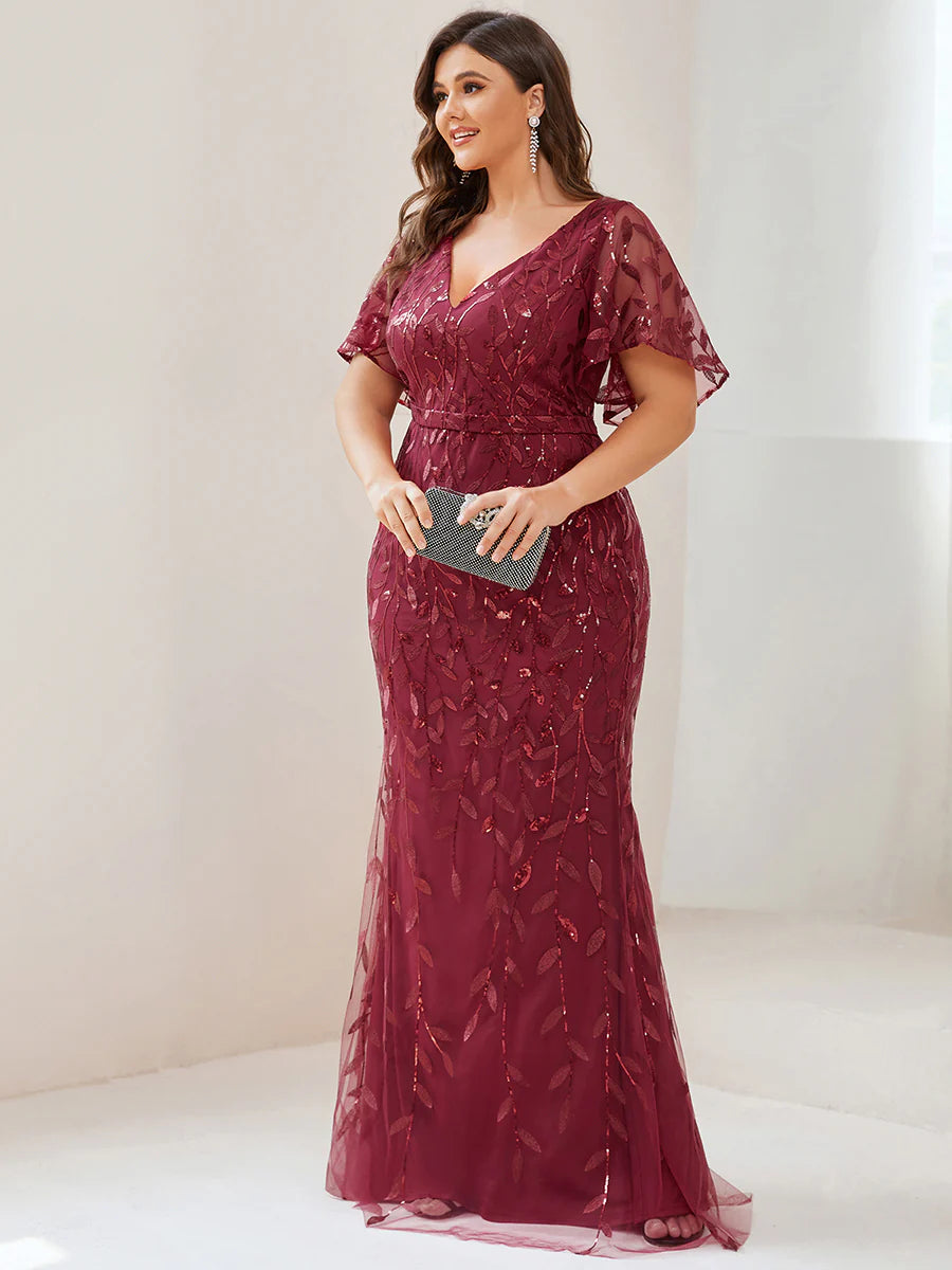 Fashion Plus Size Deep V Neck Sequin & Tulle Evening Dress