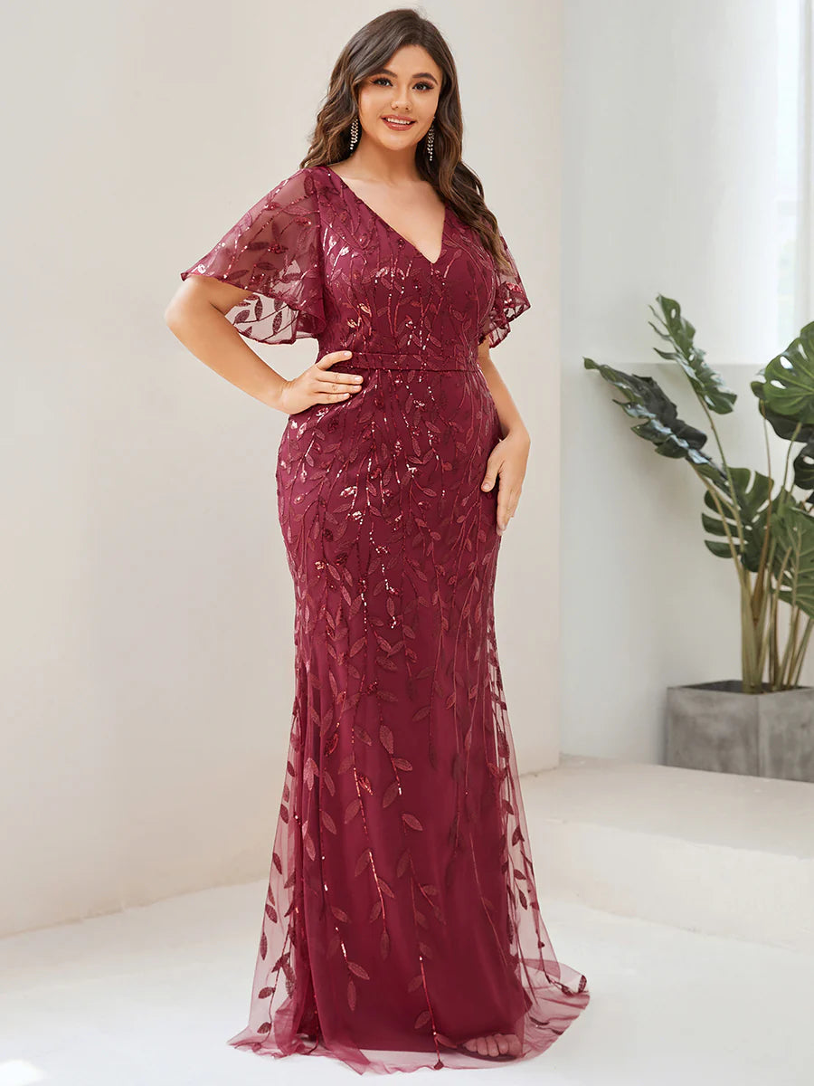 Fashion Plus Size Deep V Neck Sequin & Tulle Evening Dress