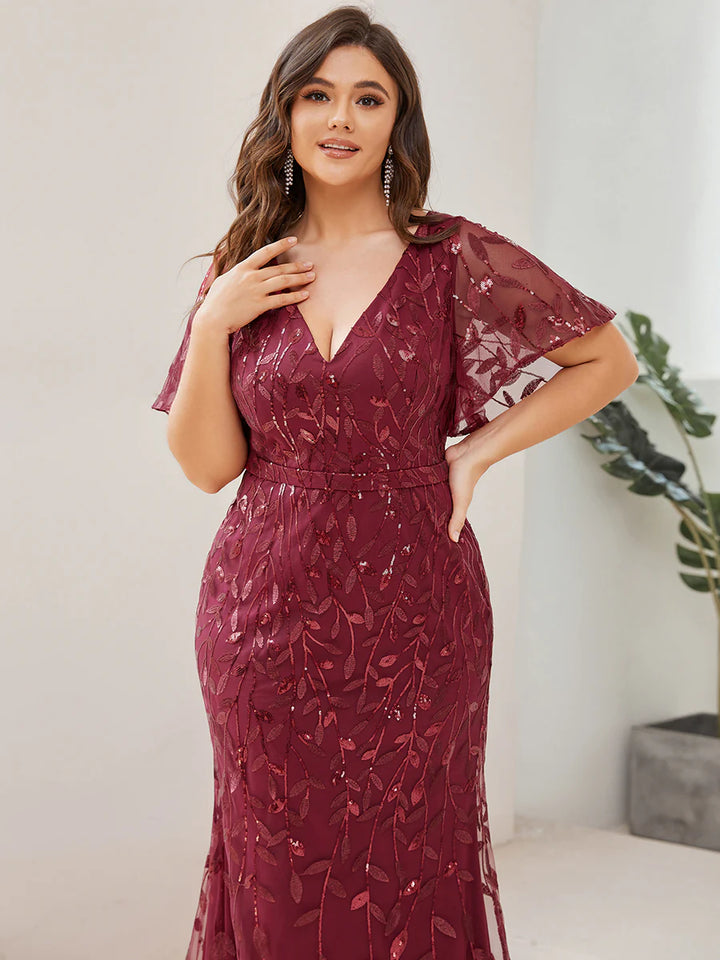 Fashion Plus Size Deep V Neck Sequin & Tulle Evening Dress
