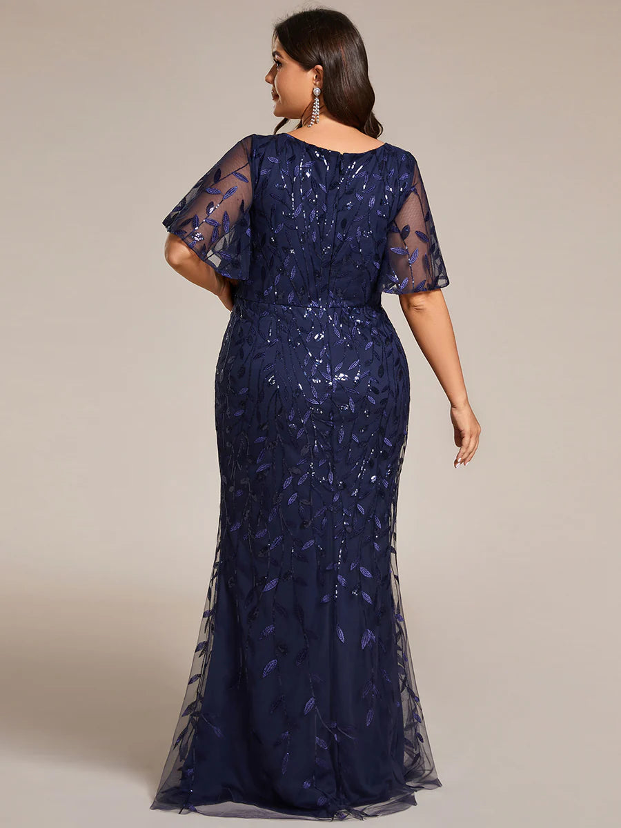 Deep V Neck Sequin & Tulle Evening Dress