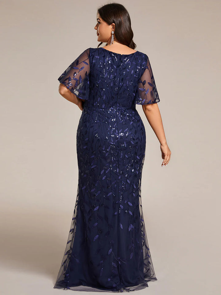 Deep V Neck Sequin & Tulle Evening Dress