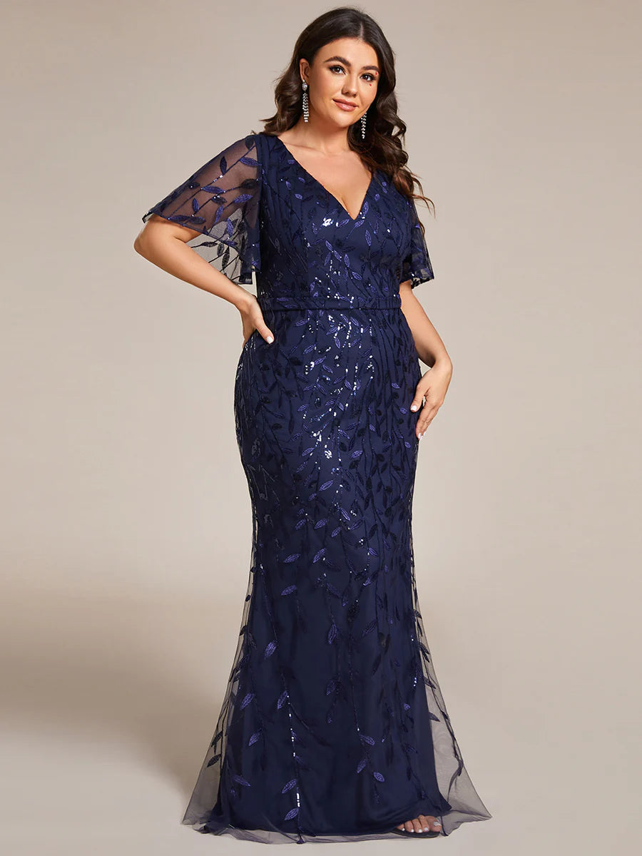 Deep V Neck Sequin & Tulle Evening Dress