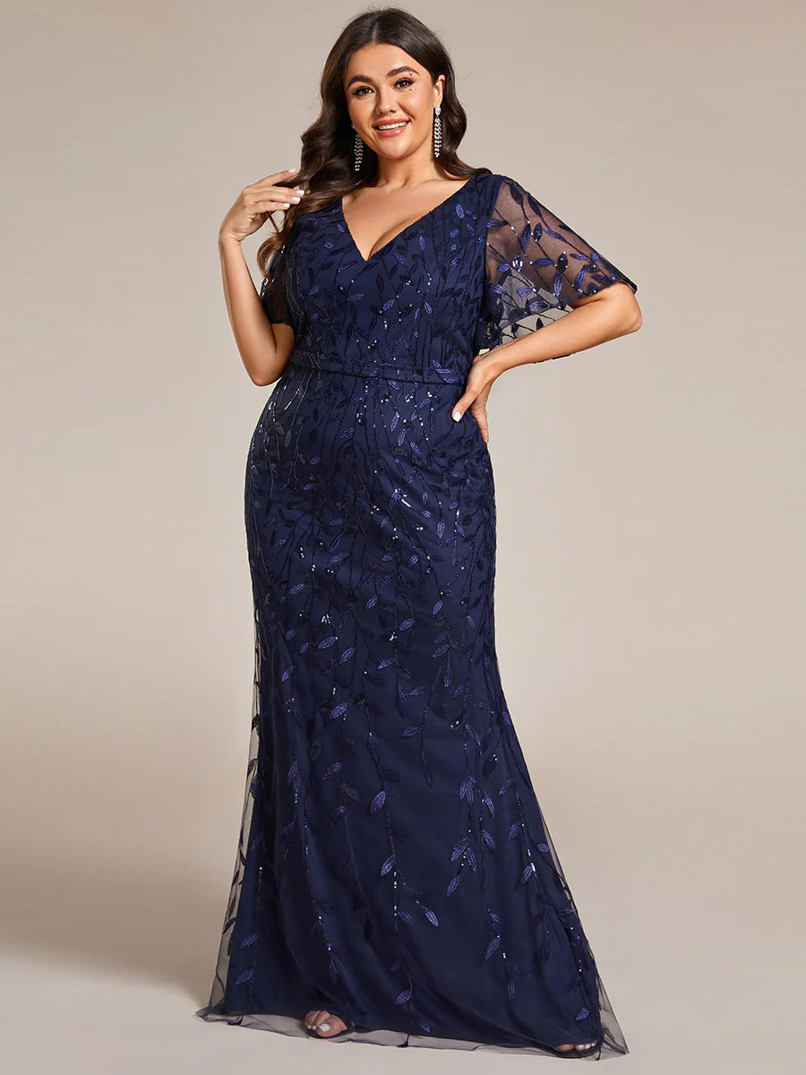 Deep V Neck Sequin & Tulle Evening Dress