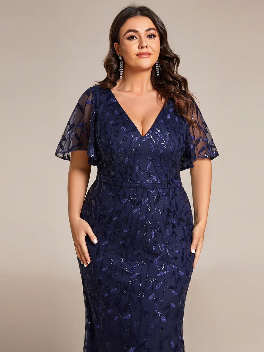 Deep V Neck Sequin & Tulle Evening Dress