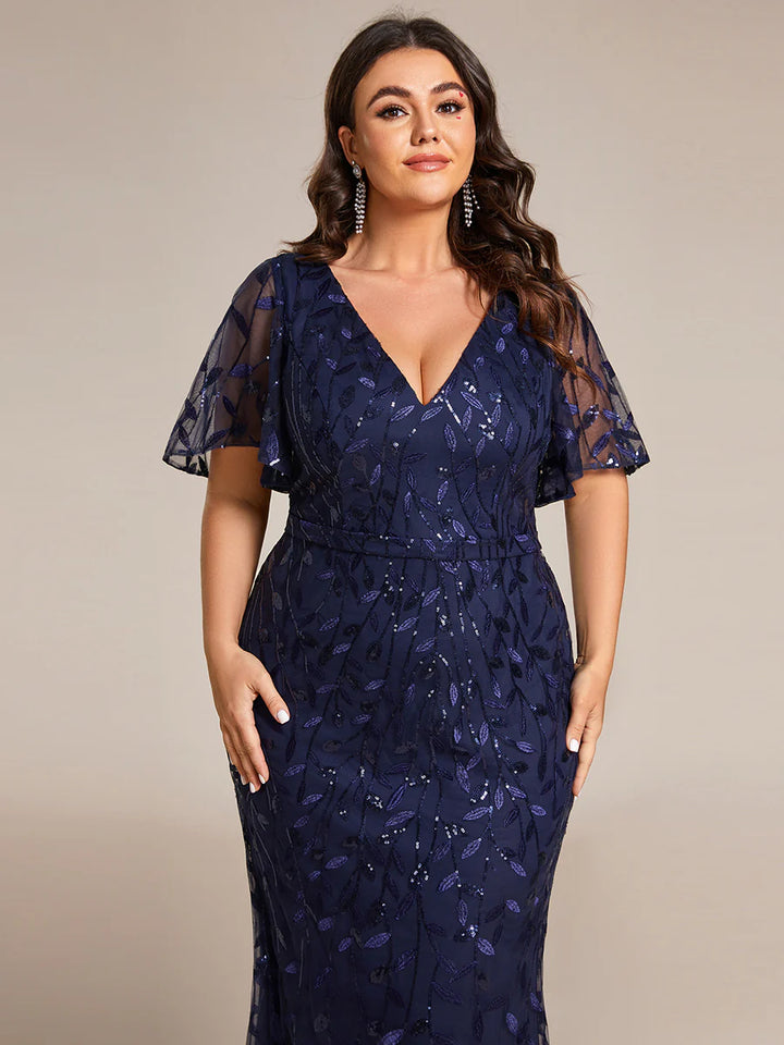 Deep V Neck Sequin & Tulle Evening Dress