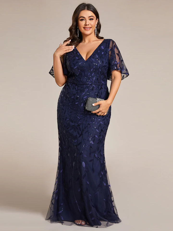 Deep V Neck Sequin & Tulle Evening Dress