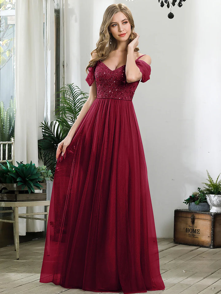 A-Line Sweetheart Neckline Ruffle Sleeve Tulle Evening Dress