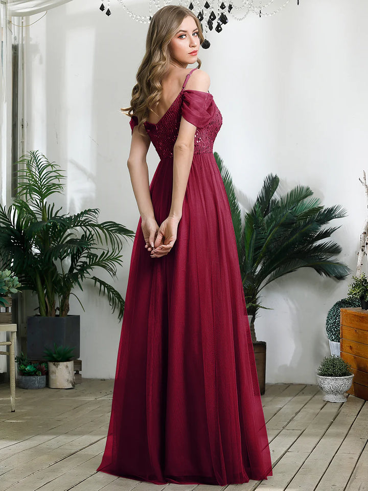 A-Line Sweetheart Neckline Ruffle Sleeve Tulle Evening Dress