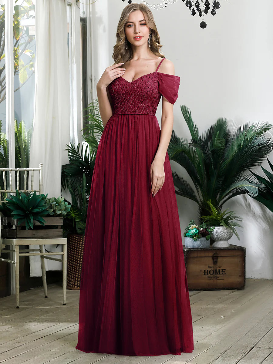 A-Line Sweetheart Neckline Ruffle Sleeve Tulle Evening Dress