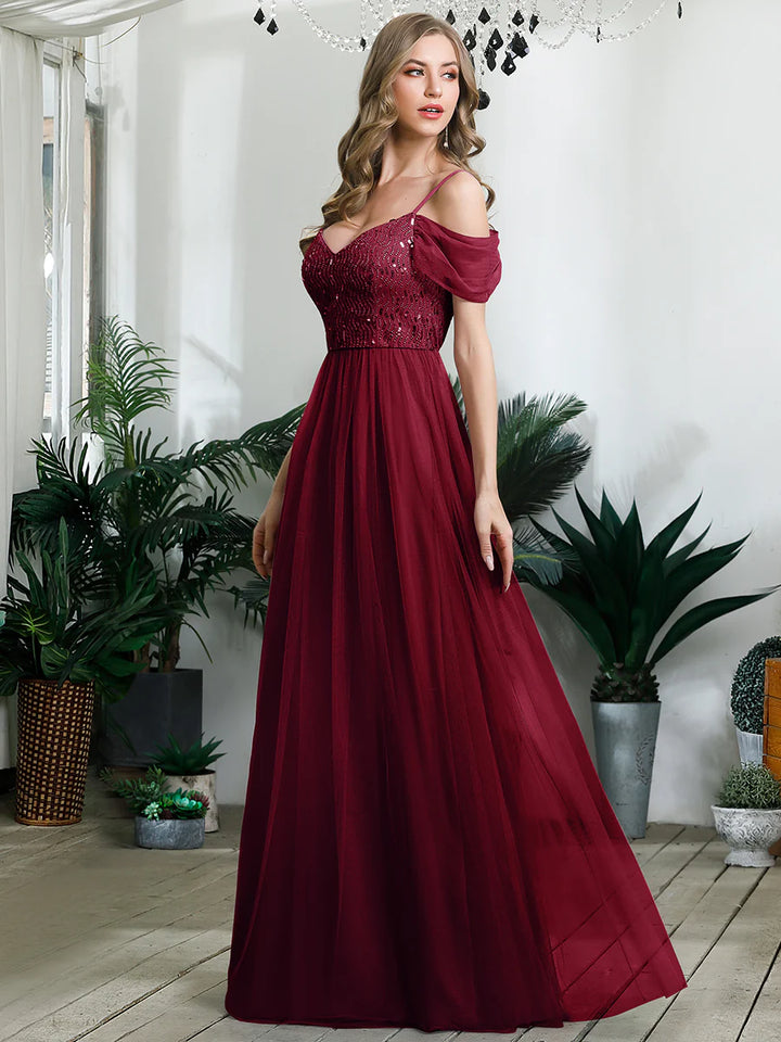 A-Line Sweetheart Neckline Ruffle Sleeve Tulle Evening Dress