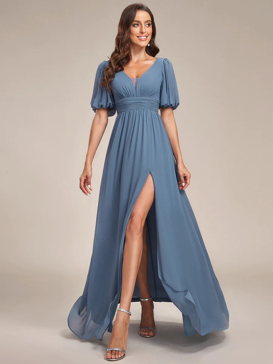 Short Balloon Sleeve Flowy Bridesmaid Dress - CALABRO®