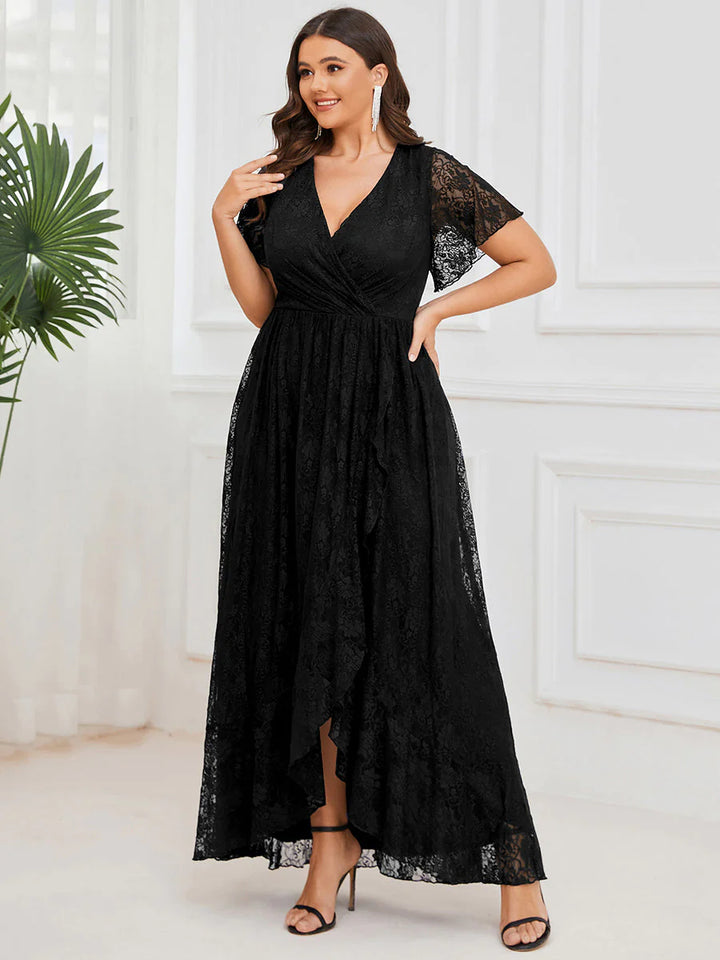 Plus Deep V Neck Short See Through Sleeves A Line Evening Dresses - CALABRO®