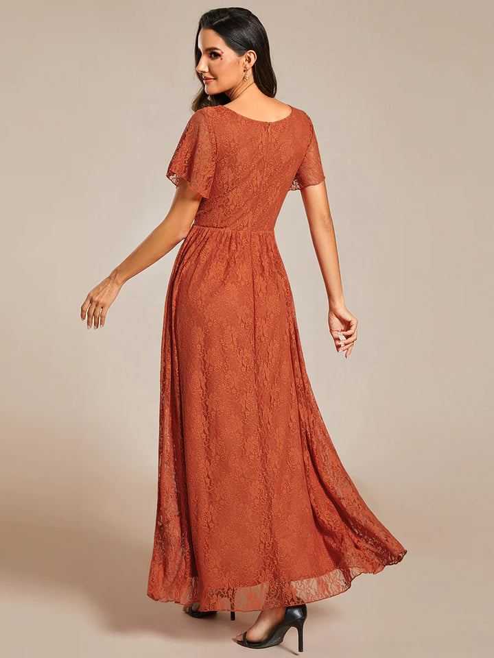 Deep V Neck Short See Through Sleeves A Line Bridesmaid Dress - CALABRO®