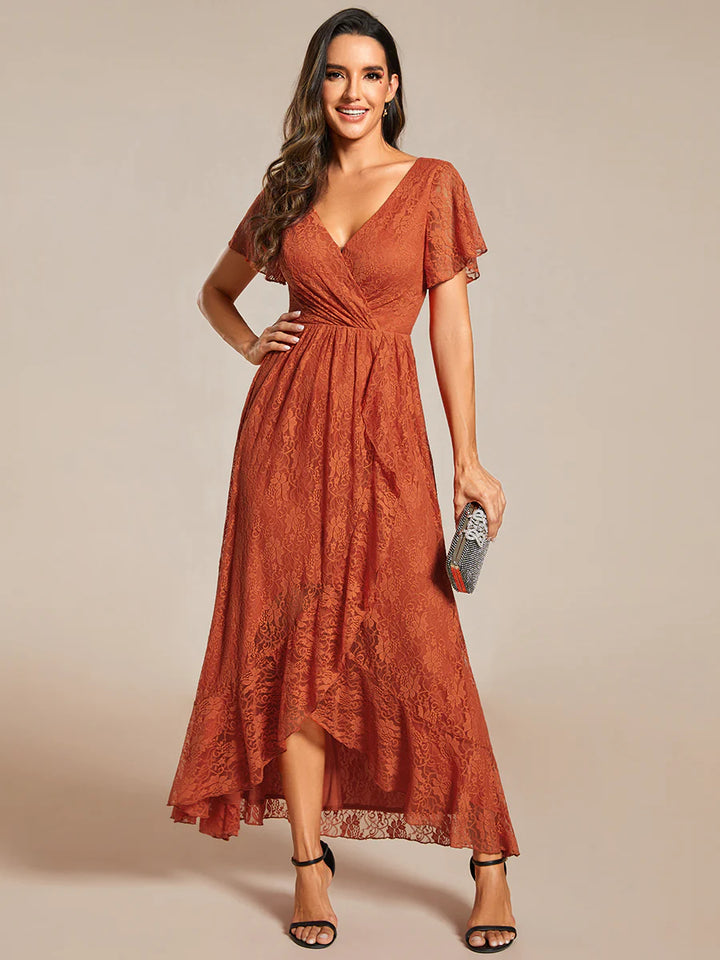 Deep V Neck Short See Through Sleeves A Line Bridesmaid Dress - CALABRO®