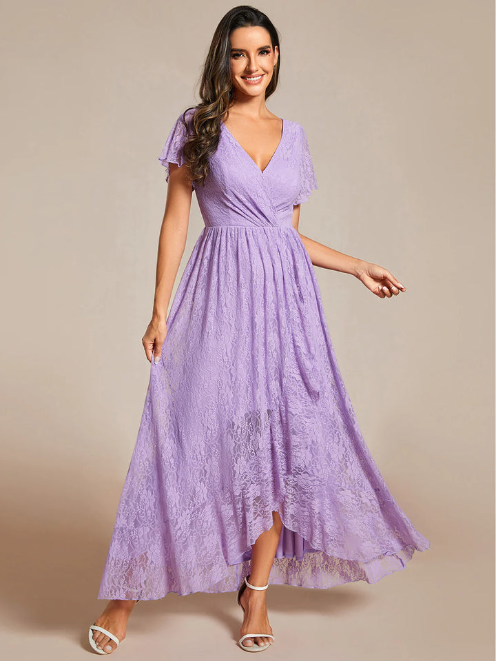 Deep V Neck Short See Through Sleeves A Line Bridesmaid Dress - CALABRO®