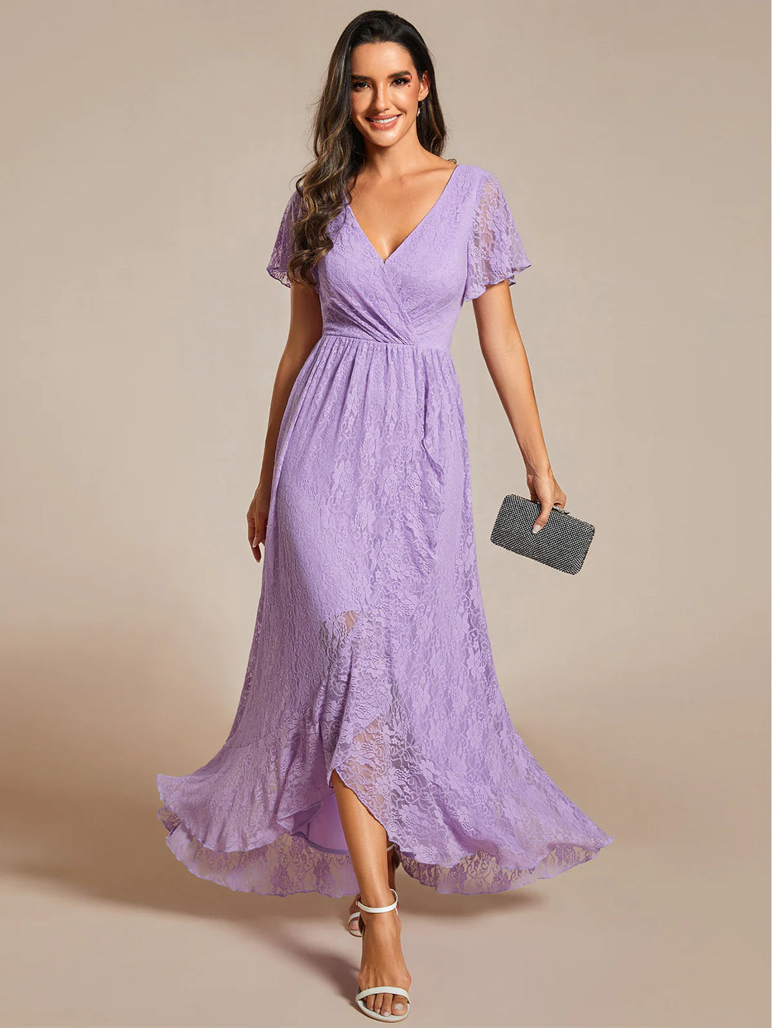 Deep V Neck Short See Through Sleeves A Line Bridesmaid Dress - CALABRO®