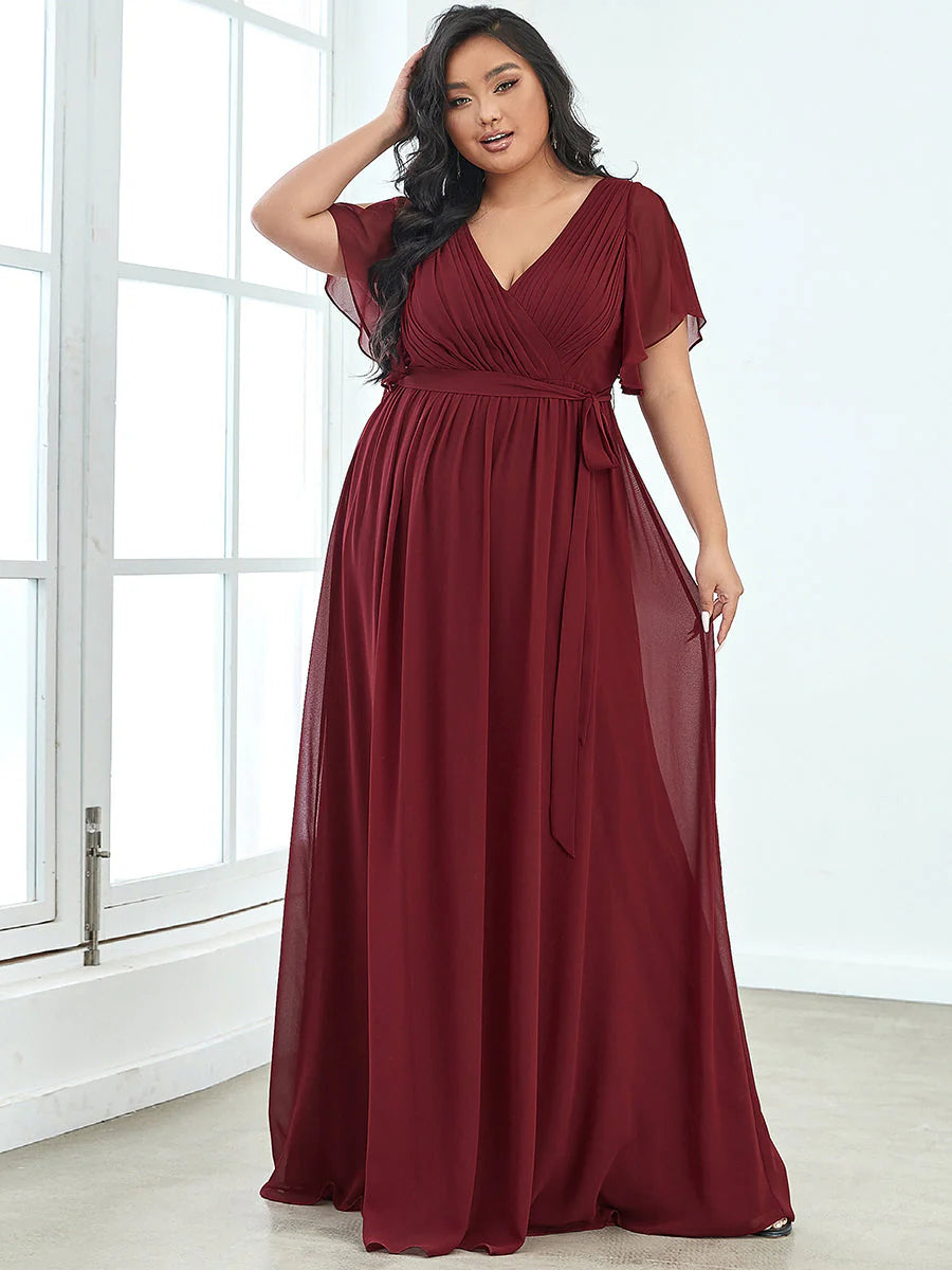A Line Plus Size Bridesmaid Dresses with Deep V Neck Ruffles Sleeves