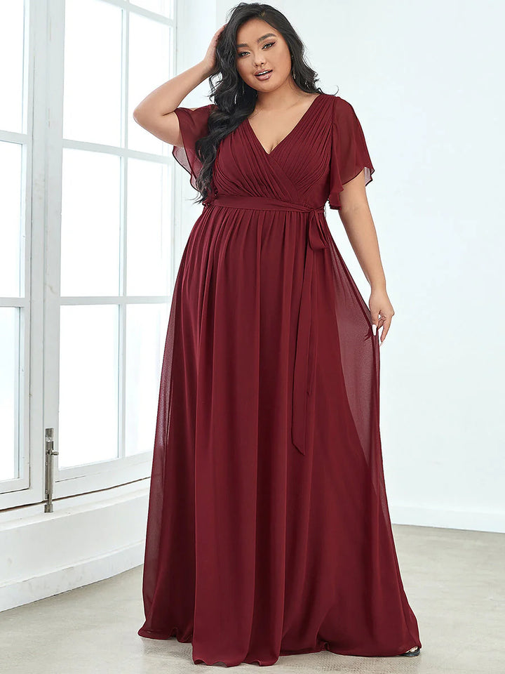A Line Plus Size Bridesmaid Dresses with Deep V Neck Ruffles Sleeves