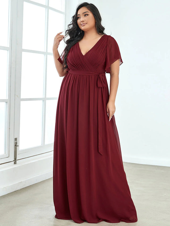 A Line Plus Size Bridesmaid Dresses with Deep V Neck Ruffles Sleeves