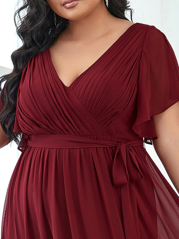 A Line Plus Size Bridesmaid Dresses with Deep V Neck Ruffles Sleeves