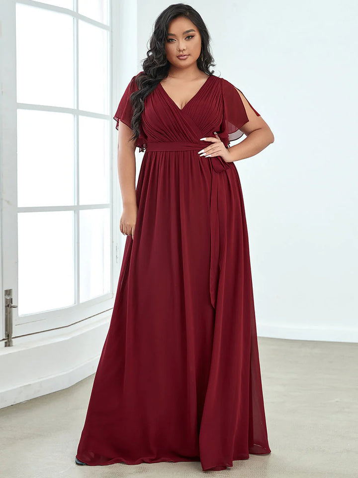 A Line Plus Size Bridesmaid Dresses with Deep V Neck Ruffles Sleeves
